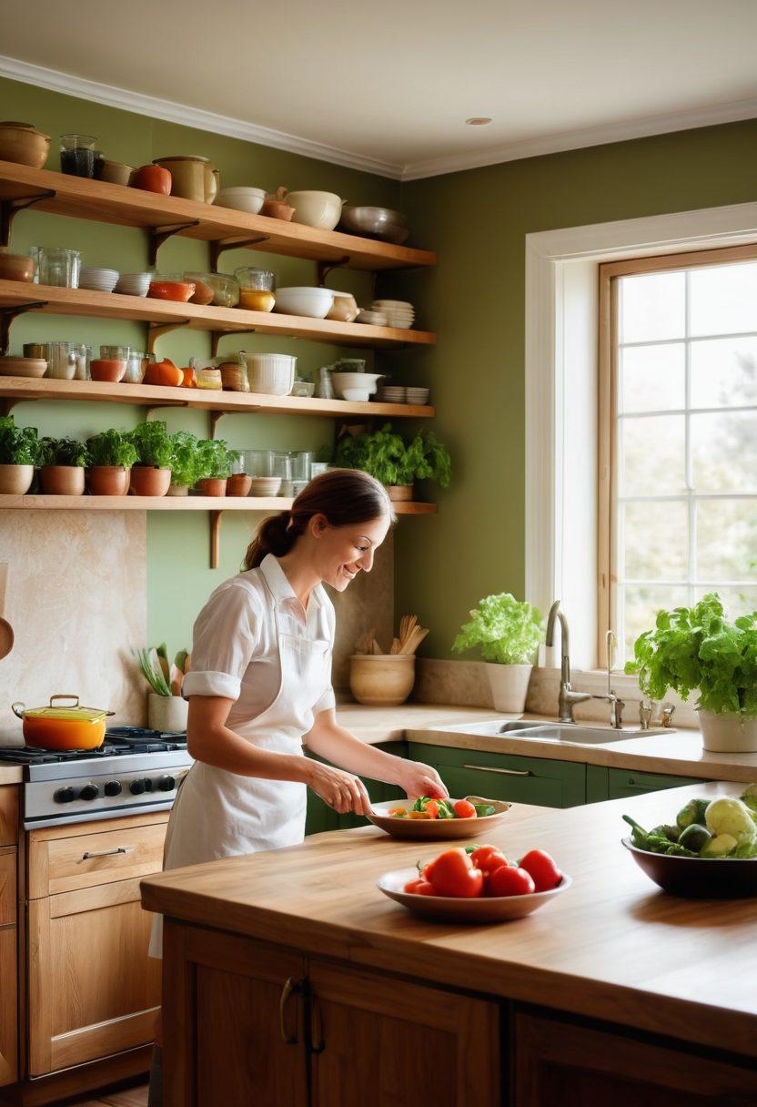 A warm kitchen scene featuring a diverse mother preparing a wholesome meal with fresh vegetables while sharing a joyful moment with her children. Include elements of parenting insights, such as books and notes subtly visible in the background. Emphasize a cozy, inviting atmosphere with soft lighting and vibrant colors that reflect nourishment and love. super-realistic. vibrant colors. warm lighting.