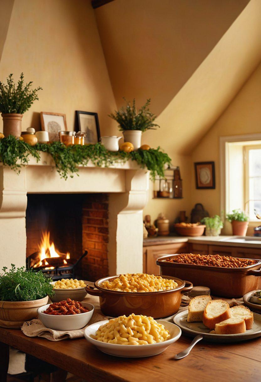 A cozy kitchen scene with a rustic wooden table filled with traditional comfort foods like macaroni and cheese, a pot of stew, and freshly baked bread. In the background, a warm fireplace glows softly, while family members gather around, sharing laughter and stories. Hanging herbs and spices add a homely touch, enveloping the space in warmth and love. A soft golden light bathes the scene, evoking nostalgia and belonging. super-realistic. warm colors. soft focus.