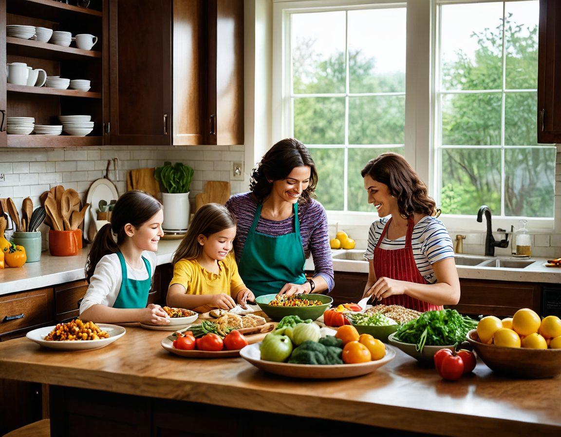 A warm, inviting kitchen scene with a mother cooking gourmet recipes alongside her children, showcasing a blend of colorful ingredients and final dishes on the table. Surrounding them are family photos that depict moments of shared parenting wisdom, filled with laughter. Soft natural light filters through a window, enhancing the cozy atmosphere. The overall vibe exudes comfort and love, emphasizing the bond of family through cooking and sharing meals. vibrant colors. super-realistic.